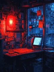 Red Lit Nighttime Workspace City View