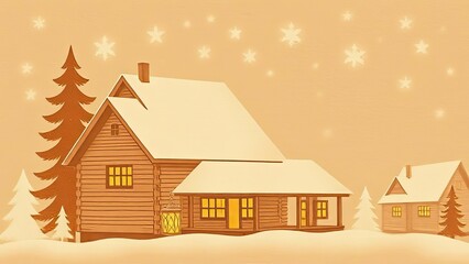 Cozy Winter Cabin Landscape Snow Trees and Festive Lights