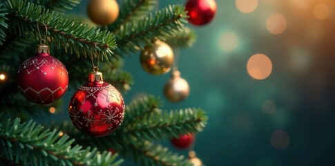 Obraz premium Christmas tree branch with colorful ornaments , branches, garland, wintery