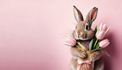 Cute bunny holding a bunch of pink tulips against a light pink background