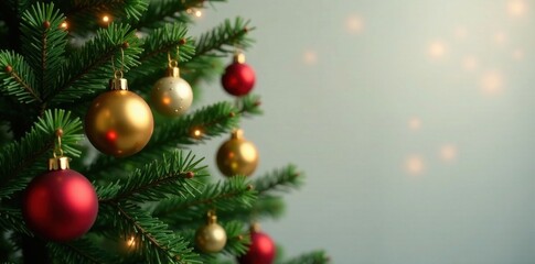 Christmas tree with gold ornaments hanging from branches, holiday, gold, christmas tree