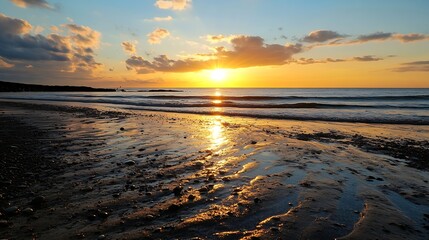 Serene Sunset Over Calm Ocean Reflected in Wet Sand at Beach : Generative AI