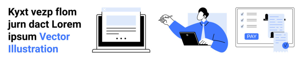 Male figure using a laptop, reviewing documents and payment checklist. Ideal for business, finance, productivity, management, online services, remote work, abstract line flat metaphor