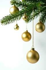 Christmas tree with gold ornaments hanging from branches, isolated on white background, Isolated object, Holiday decor, White background