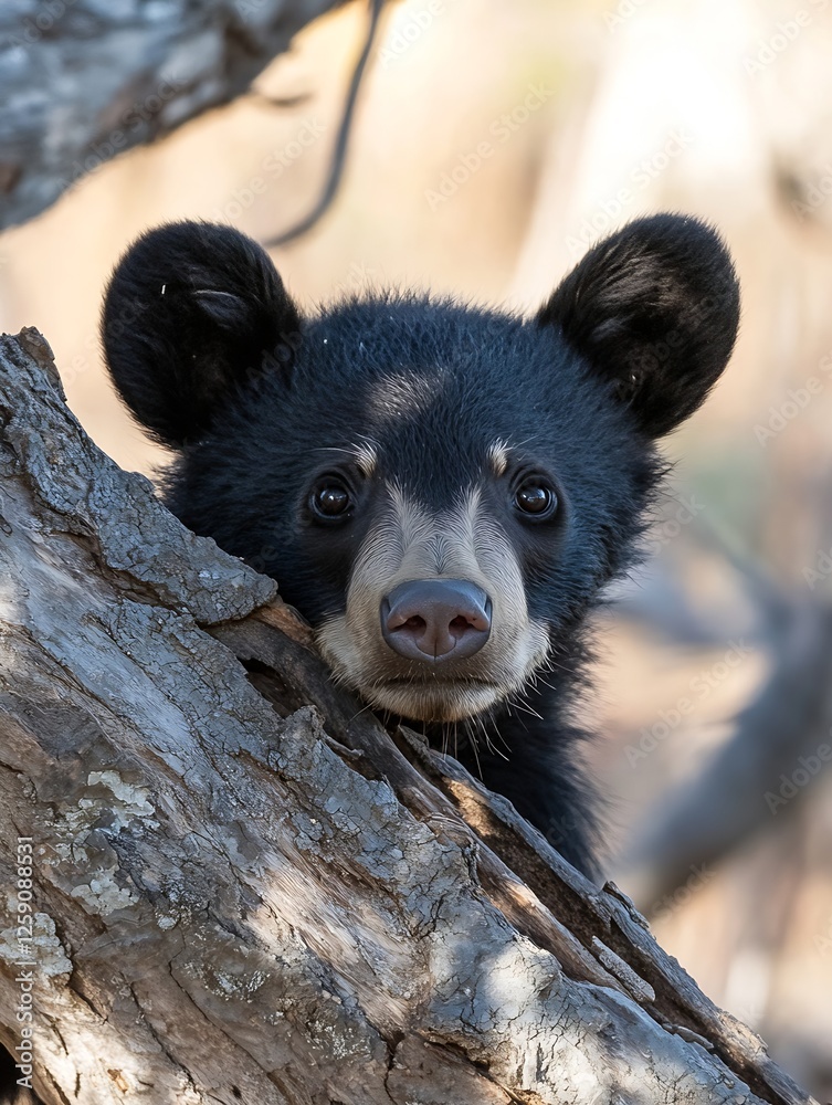 Poster curious black bear cub peeking from behind a tree in its natural habitat : generative ai