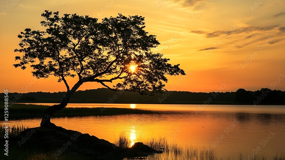 Poster beautiful sunset illuminating a lone tree by the water creating a stunning evening view with rich co