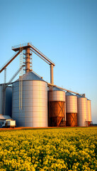silos on agro-industrial complex with seed cleaning and drying line for grain storage. Granary elevator on rapeseed background, professional photography. with white shades