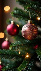 Fototapeta premium Christmas Tree with Ornament and Bokeh Lights, decoration, festive, holiday
