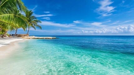 Fototapeta premium Tropical Paradise Beach with Crystal Clear Water and Palm Trees Under a Blue Sky : Generative AI