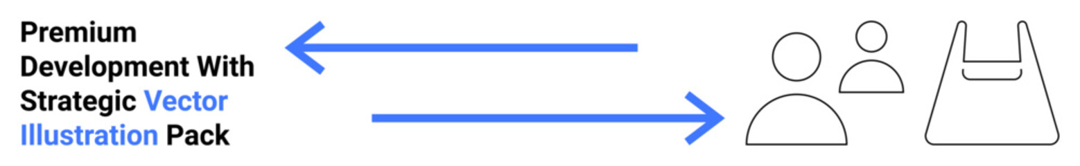 Two blue arrows connecting text block and minimal icons of people and a shopping bag. Ideal for teamwork, collaboration, workflow, design, communication, ecommerce, flat landing page banner