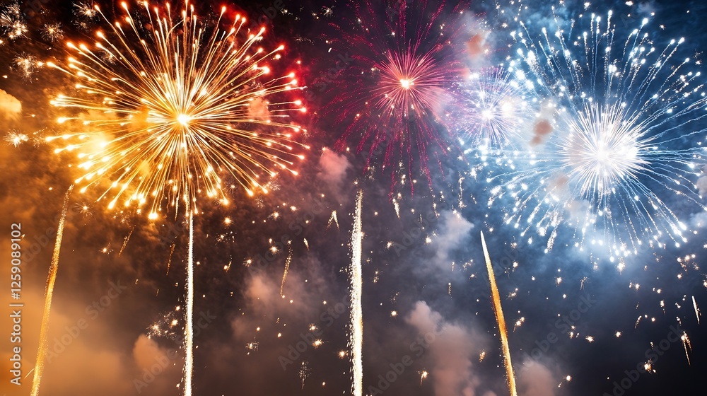 Poster spectacular fireworks display illuminating night sky in various colors : generative ai