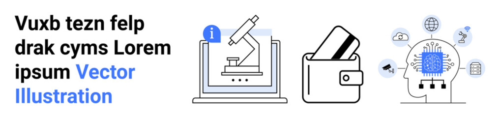 Laptop displaying microscope, wallet with credit cards, and brain with AI links and gears symbolize modern tech advancements. Ideal for science, finance, artificial intelligence, innovation