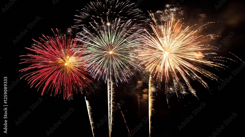 Poster colorful fireworks exploding in the night sky during celebratory event : generative ai