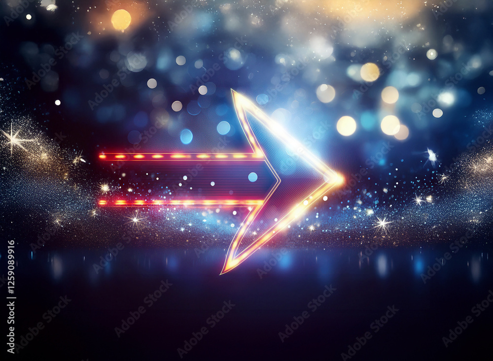 Sticker glowing arrow points right in a double exposure effect, blending neon light with a sparkling, abstra