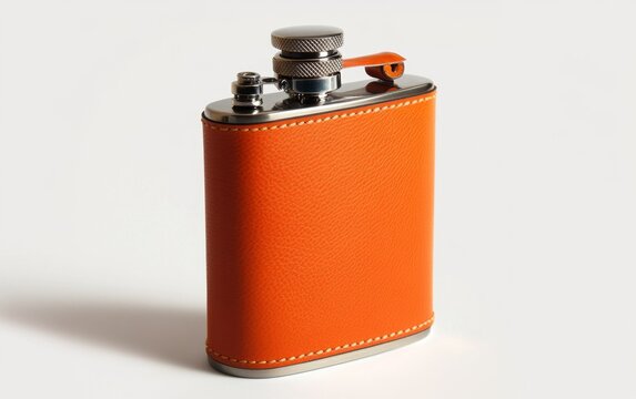 Orange leather hip flask on white background (1)