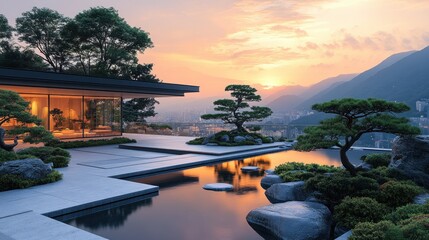 Fototapeta premium Serene Sunset View: Modern Mountaintop Home with Japanese Garden