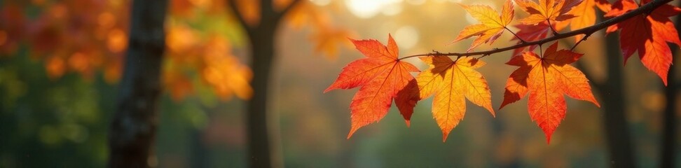 Fototapeta premium Colorful autumn leaves on a branch with bare branches and tree trunk in the background, tree, landscape, plants