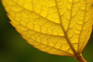 Obraz premium Close-up of delicate yellow leaf with intricate golden details , close-up macro, botanical illustration, shiny yellow