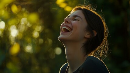Photorealistic image of a joyful woman laughing with closed eyes, captured in a natural outdoor setting
