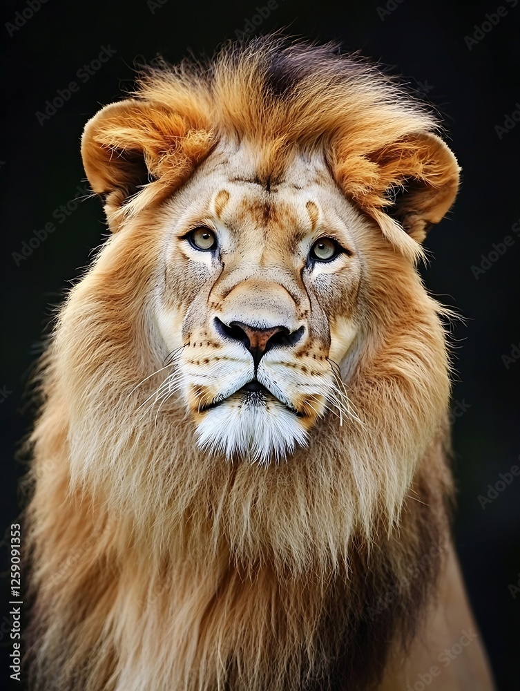 Poster majestic close up of a lion showcasing its regal mane and intense gaze in nature : generative ai