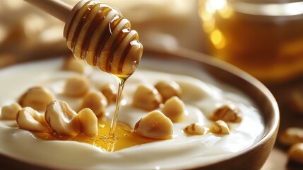  Hawaiian breakfast delight: yoghurt with macadamia nuts and honey drizzle in rustic setting