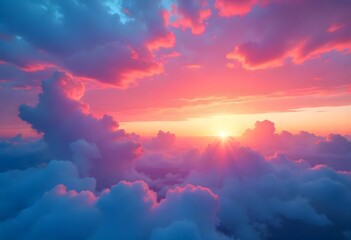 Dramatic Sunset Sky with Colorful Clouds and Sun Rays View