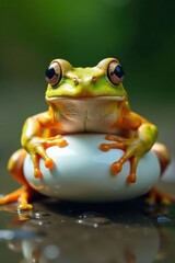 Close-up of frog with white dish , plate, food, close up