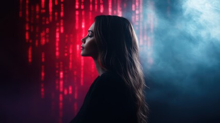 Fototapeta premium Silhouette of young caucasian female amidst red and blue smoke with digital background