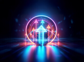 Obraz premium Glowing neon arrows point upwards with a double exposure effect, radiating vibrant pink and blue light against a dark backdrop, creating a futuristic and dynamic scene.