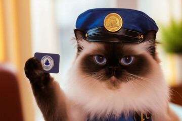 Himalayan police cat in uniform with hat and badge, a cute fluffy pet in a charming pose
