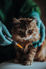 Siberian cat at veterinarian for pet health care injection with gloves and vaccine