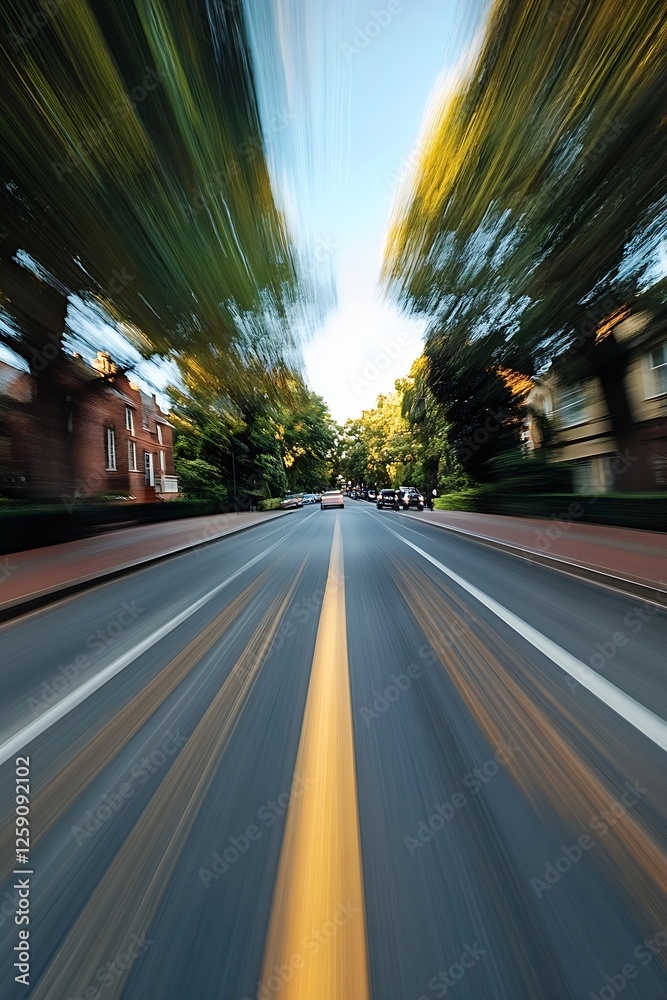 Poster vibrant street view with motion blur effect conveying speed and freedom in urban environment : gener
