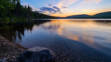 Fototapeta premium Calm and serene lake reflecting the colorful sky and mountains at sunset creating a tranquil atmosphere : Generative AI