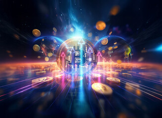 Fototapeta premium A double exposure image featuring a glowing central sphere with upward arrows, surrounded by floating coins and cosmic energy streams in a vibrant and dynamic composition.