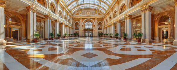 Obraz premium Grand Architectural Interior with Ornate Design and Expansive Glass Ceiling Showcasing Luxurious Structural Elements and Luminous Ambiance