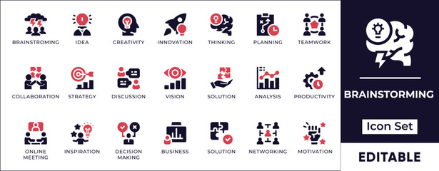 Brainstorming icon set featuring creative thinking, idea generation, teamwork, innovation, mind mapping, and strategic planning. Perfect for business and corporate projects.