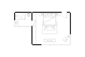 2 dimension of layout furniture of bedroom with bathroom interior design plan of top view, black lines on white background, isolated. Set 32