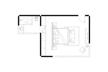 2 dimension of layout furniture of bedroom with bathroom interior design plan of top view, black lines on white background, isolated. Set 31