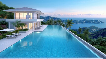 Fototapeta premium Luxurious Seaside Villa with Infinity Pool Overlooking Stunning Coastal Mountain and Ocean Views at Sunrise or Sunset, Surrounded by Tropical Palm Trees
