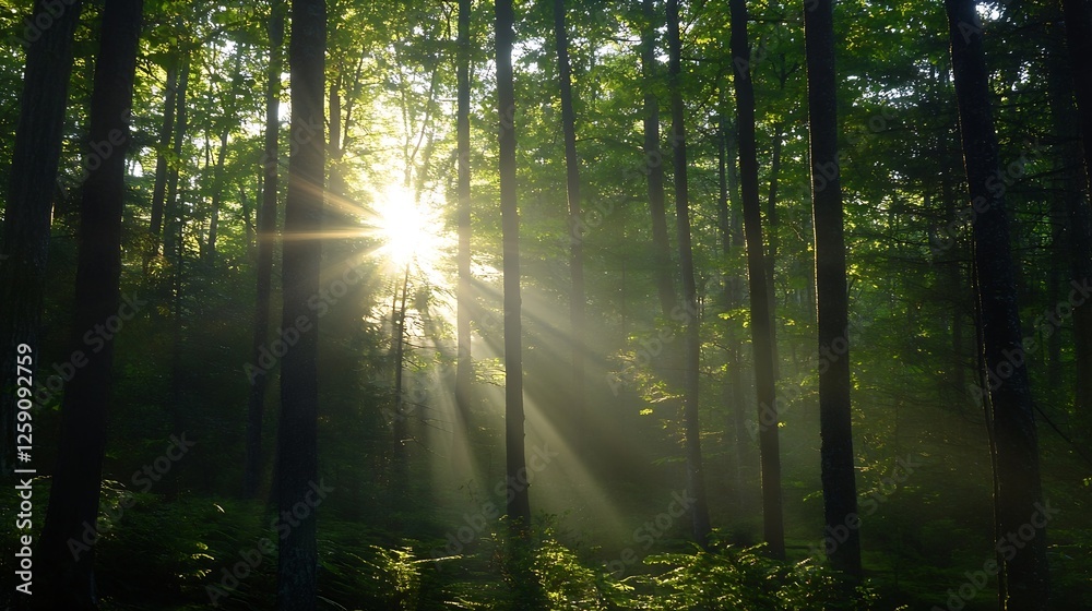 Poster majestic sunlight breaking through lush green forest trees creating a dreamy atmosphere : generative