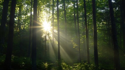 Obraz premium Majestic Sunlight Breaking Through Lush Green Forest Trees Creating a Dreamy Atmosphere : Generative AI