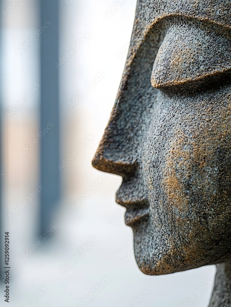Poster artistic profile of a stone sculpture with a peaceful expression : generative ai