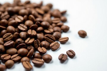 Fototapeta premium Coffee beans scattered on a white surface in a natural setting, brown, coffee, natural
