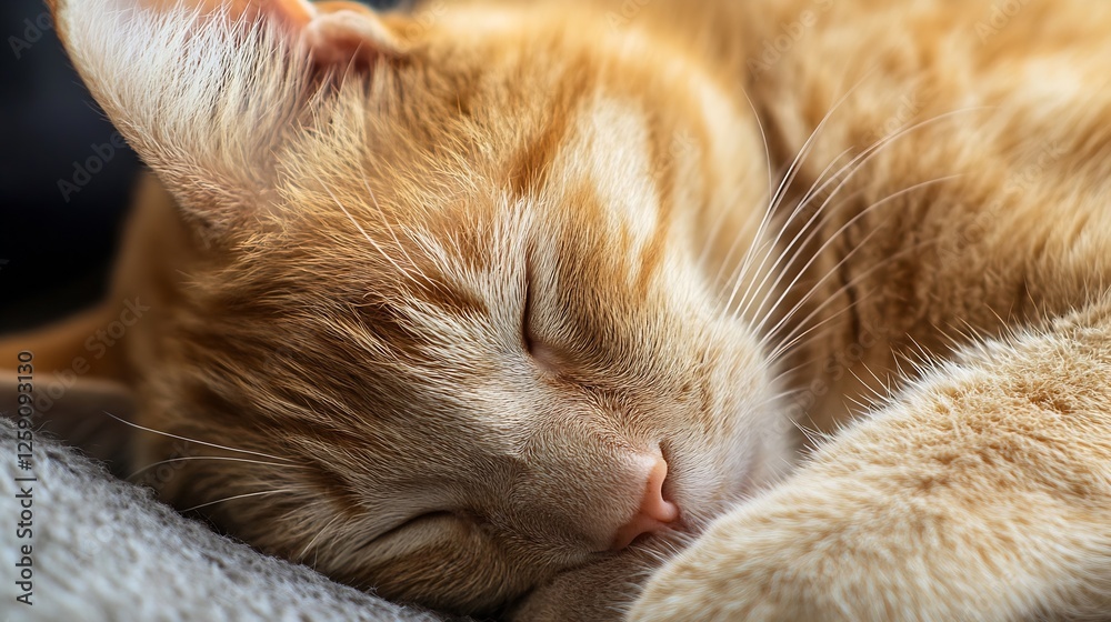 Poster cute sleeping orange cat resting peacefully with soft fur and a cozy expression in natural light : g