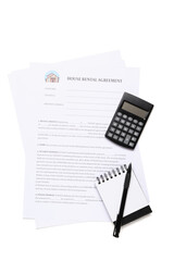 Blank house rental agreement with calculator and notebook on white background