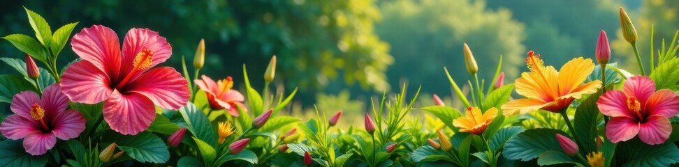 Colorful hibiscus blooms nestled in a bed of vibrant tropical grasses, nature scene, tropical grasses, exotic plants
