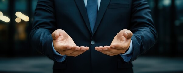 Businessman extending open hands in gesture of offering or help