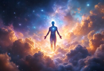 Glowing Human Silhouette in Celestial Clouds Spiritual Awakening Concept