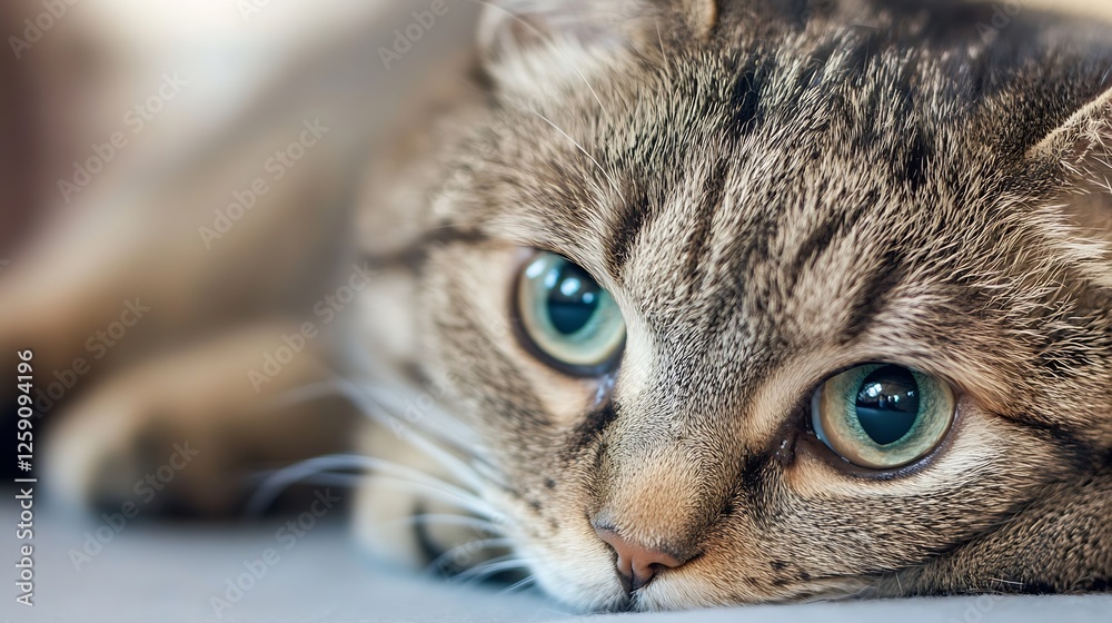 Poster Close-up of a beautiful tabby cat with mesmerizing green eyes looking thoughtfully at the camera : Generative AI