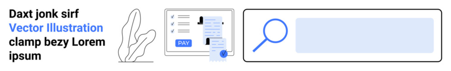 Magnifying glass, search bar, digital form elements, and abstract shapes. Ideal for technology, SEO, web design, user interfaces apps e-commerce and data concepts. Abstract line flat metaphor